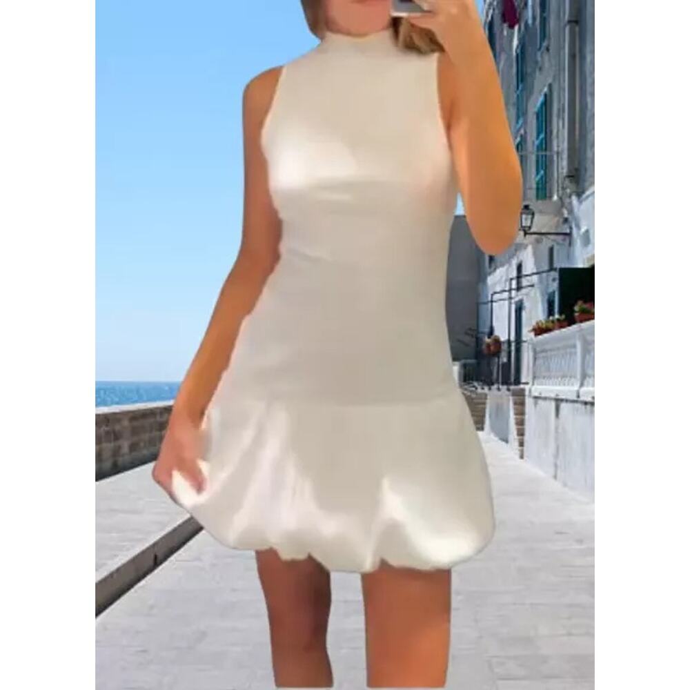 New ZARA White Ribbed Balloon Mini Dress w/ Back Cut Out Detail Women's Sz 4